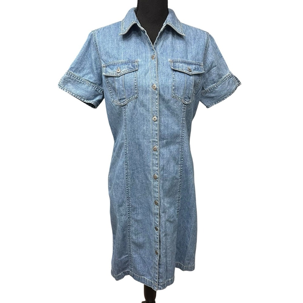 Vintage Liz Claiborne Denim Shirt Dress Sz 8 Blue Button Front Utility Midi Y2K